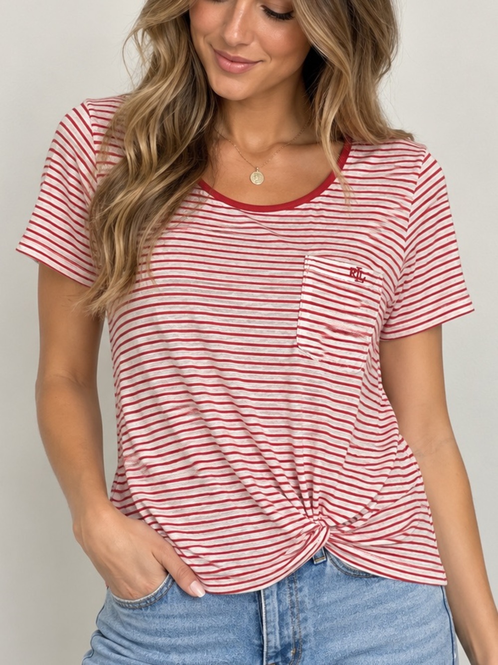 Lauren Ralph Lauren Red White Striped Twist Front Tee T-Shirt Top Size L